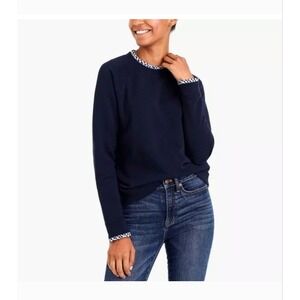 J.Crew Mercantile Navy Gingham Trim Sweatshirt Size S Preppy Coastal Academic